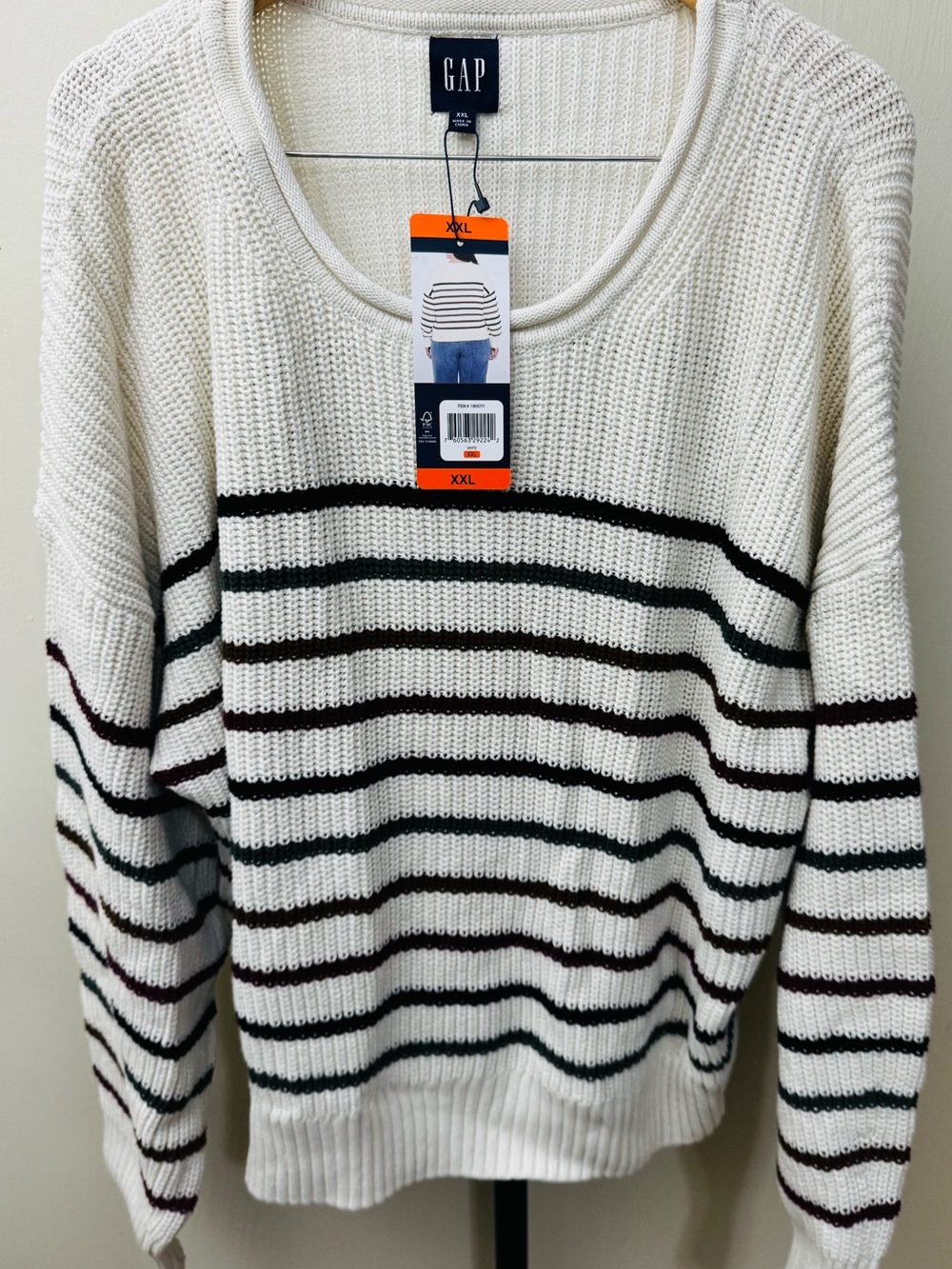 GAP Cream Crewneck Sweater with Black and Burgundy Stripes